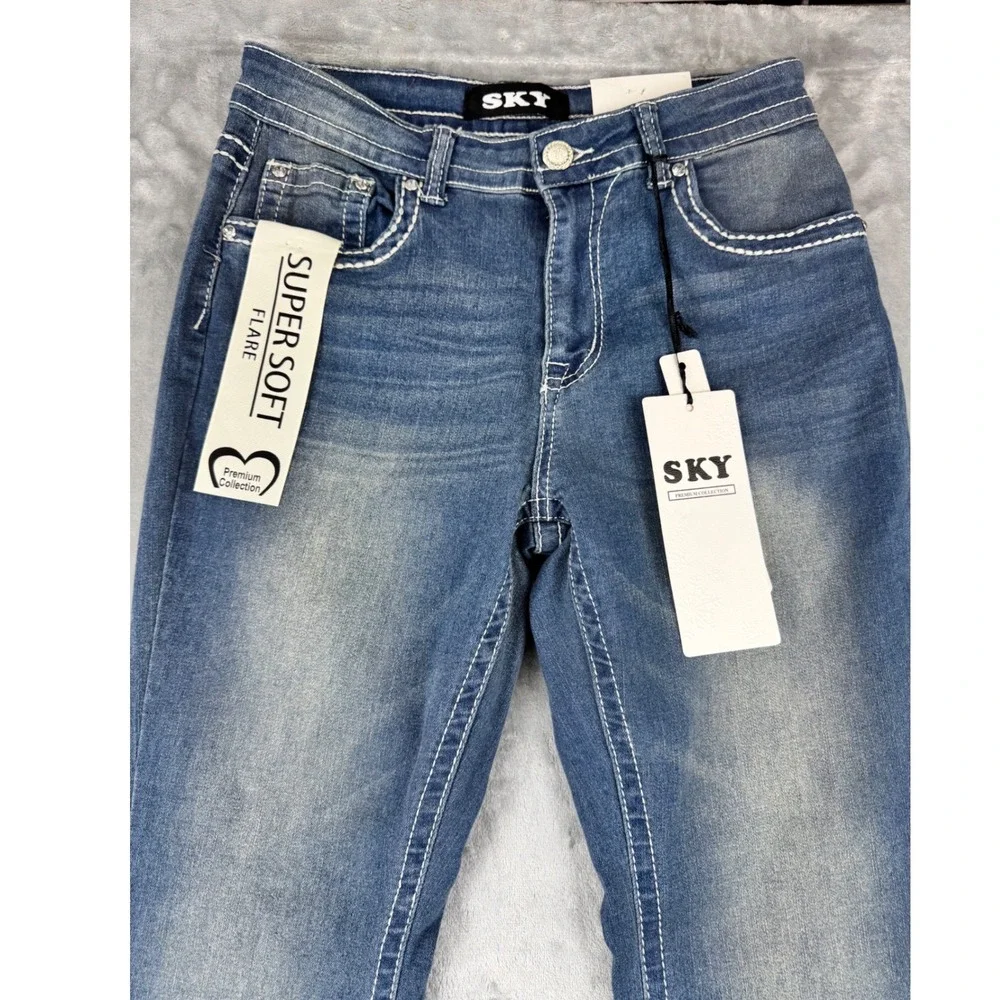 New Women 11/12 Flare Blue Denim Embellished jeans embroidered Bootcut wide leg - Picture 6 of 10